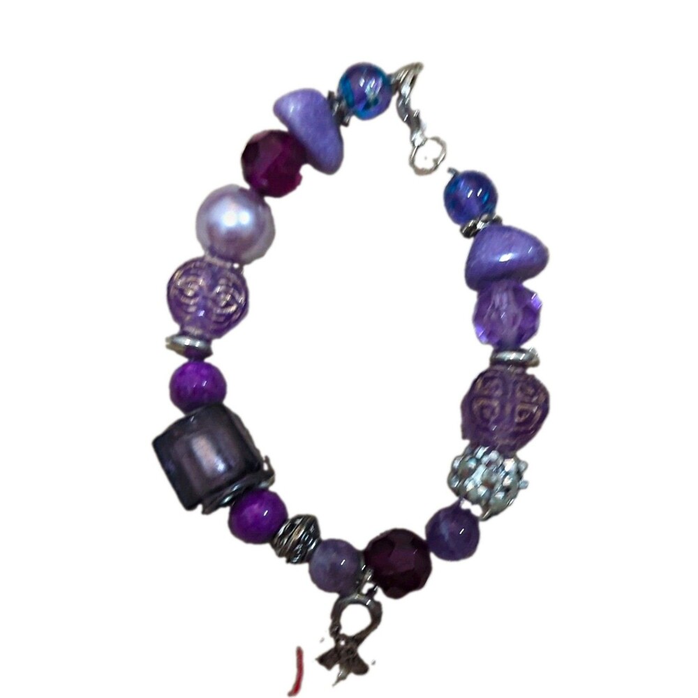 Purple & Silver Beaded Charm Bracelet Glass Rhinestone Dangle Lobster Signed
